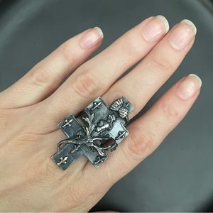 Bloodmilk Jewels ring. Lorraine cross with Joan of Arc and thistle.